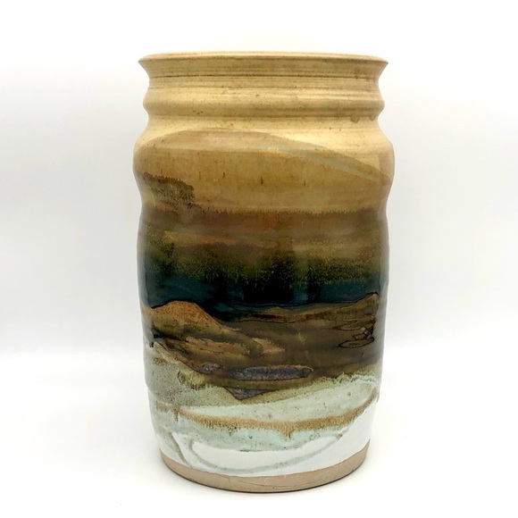 Large Pottery Crock Vase Hand Made Beads On Leather Dangle Applied Floral Relief - Picture 6 of 15